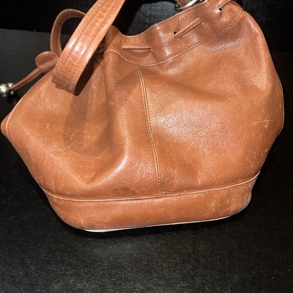 Vintage Brown Leather Drawstring Bucket Bag with Silver Hardware - Picture 2 of 9
